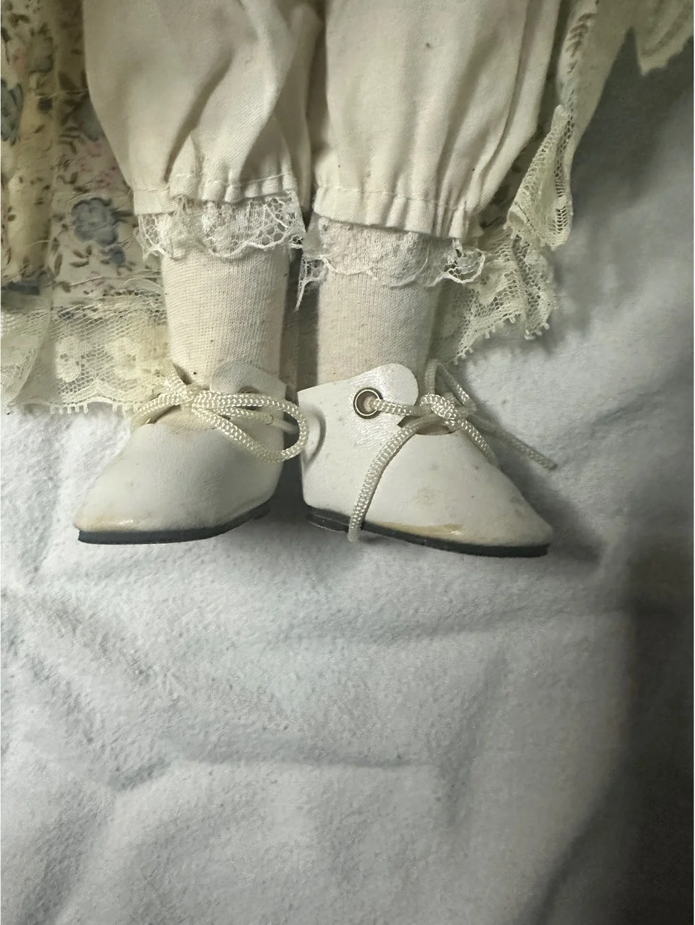 Vintage Porcelain Doll in Blue Velvet and Floral Dress with Lace Trim